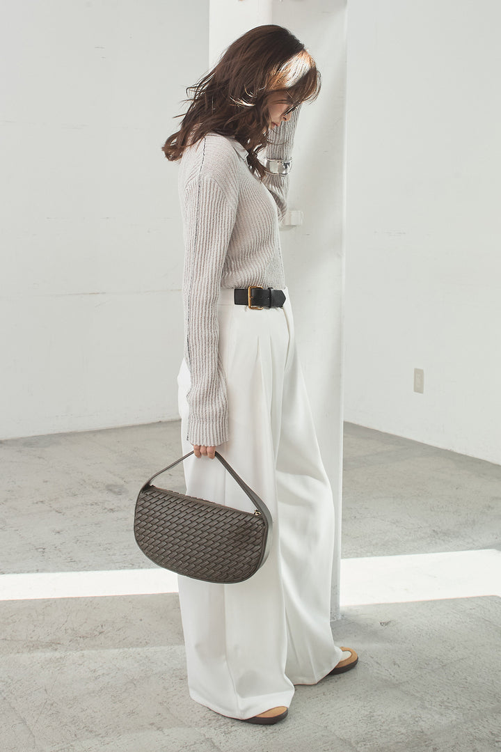 [SET]衿付きニットプルオーバー+サイドベルトタック入りスラックス(2set)