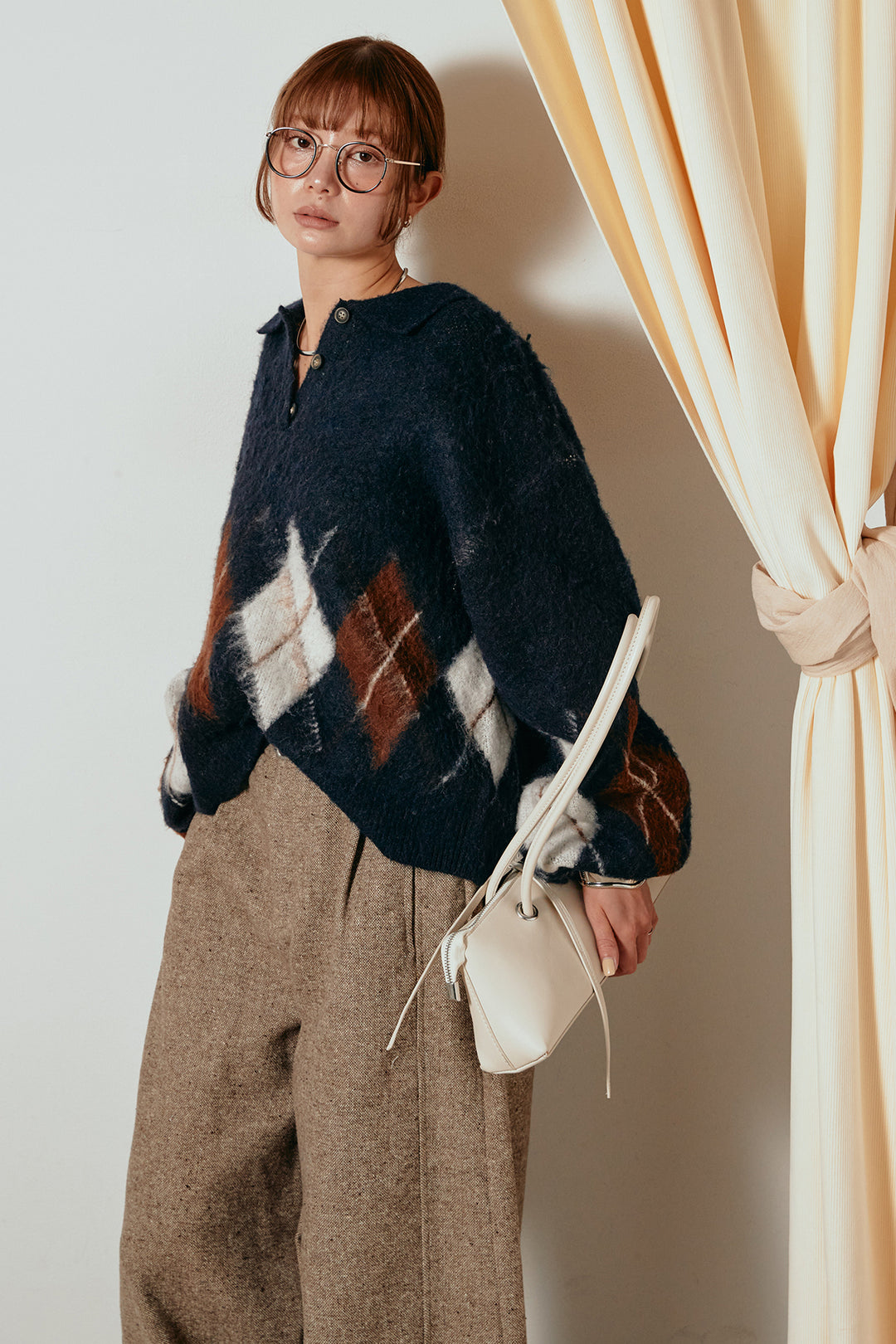 [SET]アーガイル柄ポロニットトップス+ベルト付きネップツイードカーブパンツ(2set)