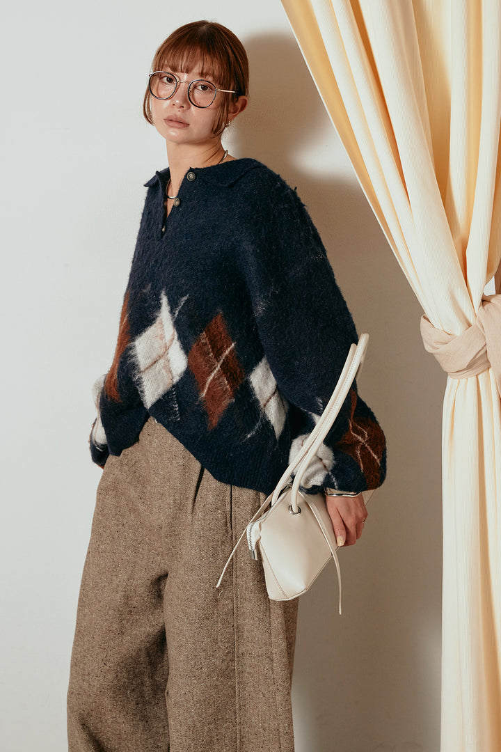 [SET]アーガイル柄ポロニットトップス+ベルト付きネップツイードカーブパンツ(2set)