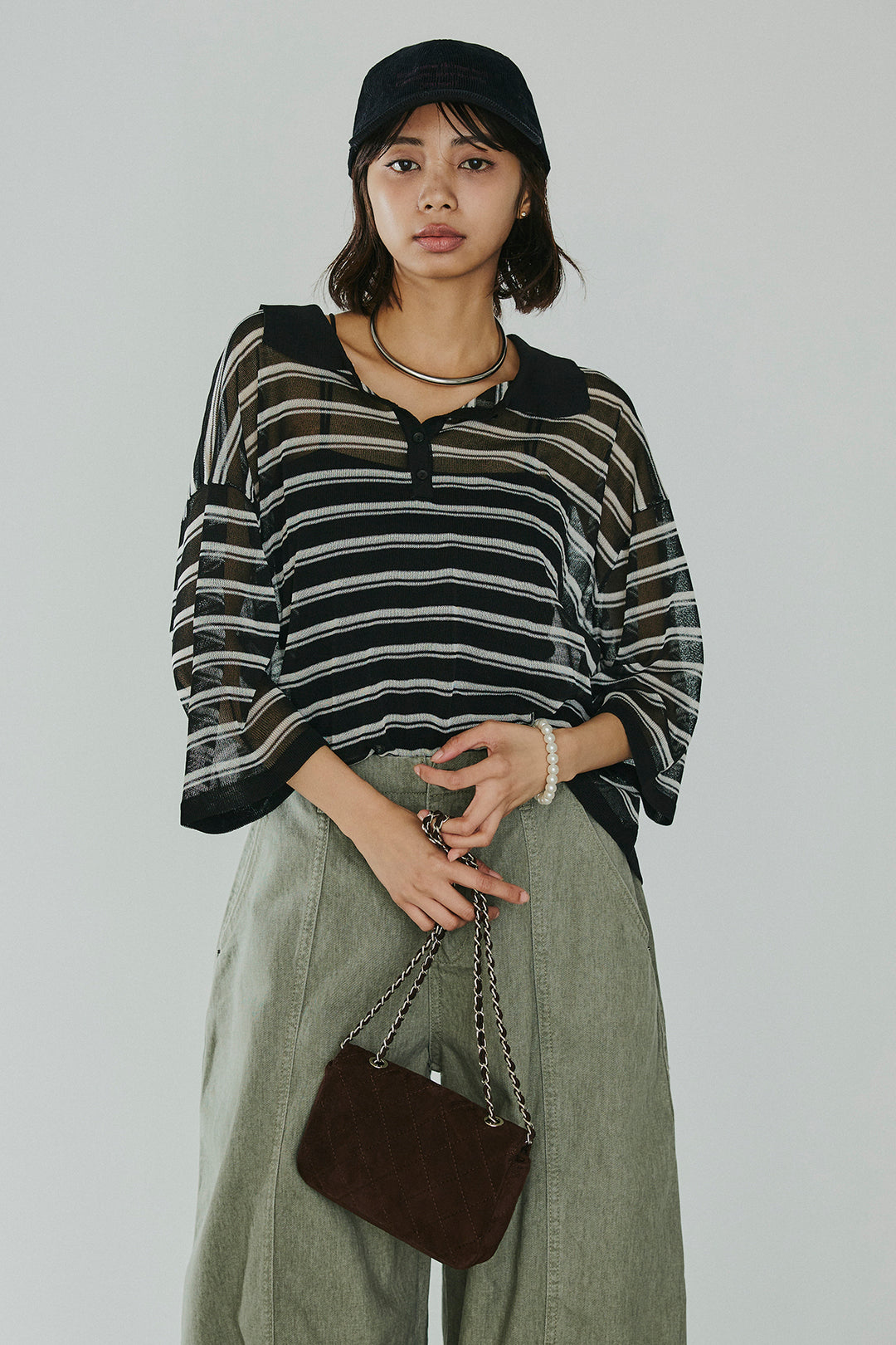 [SET]ボーダーニットポロシャツ+サイドベルトカーブワイドパンツ(2set)