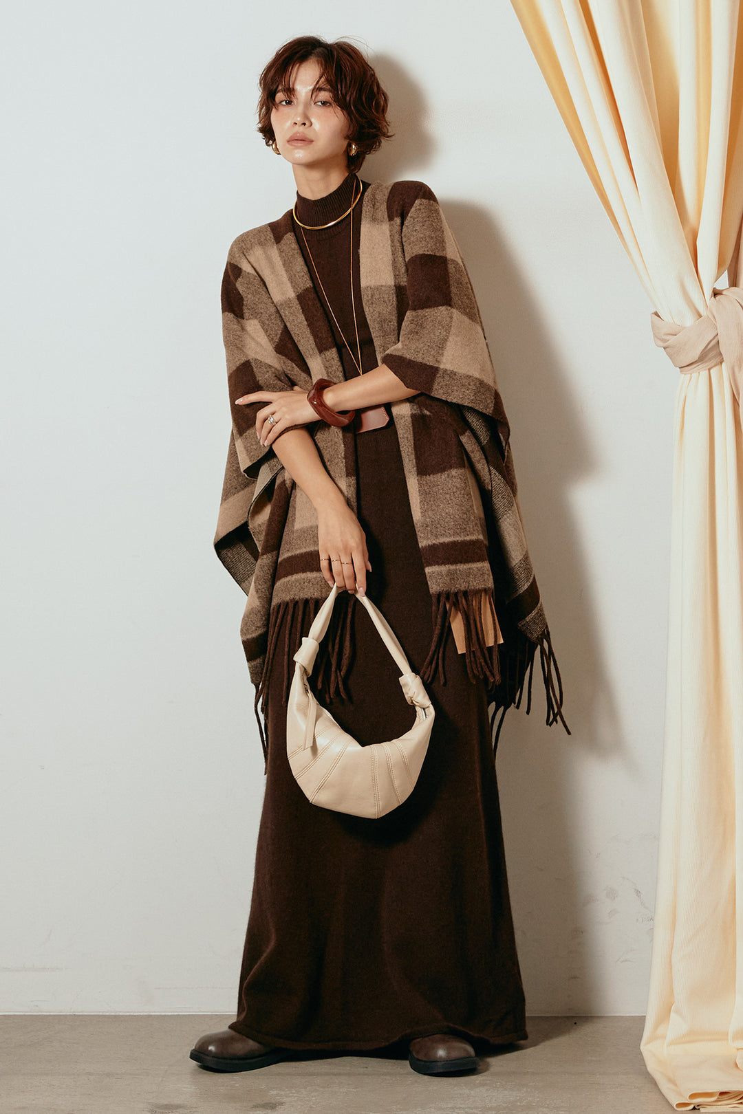 [SET]裾フリンジ柄ポンチョアウター+ノースリーブニットロングワンピース(2set)