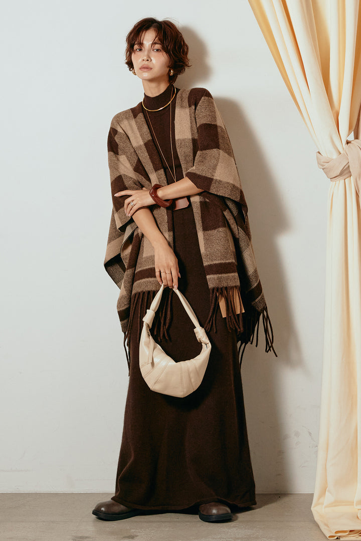 [SET]裾フリンジ柄ポンチョアウター+ノースリーブニットロングワンピース(2set)