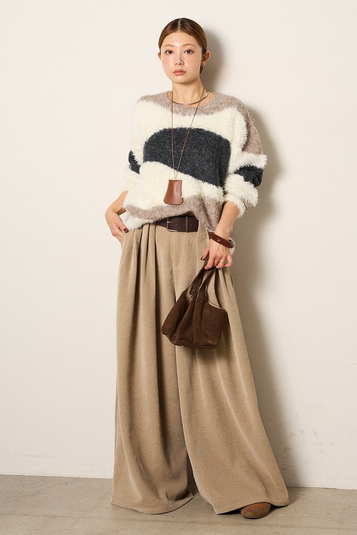 [SET]シャギーウェーブ柄クルーネックニットトップス+ベルトループコーデュロイワイドパンツ(2set)