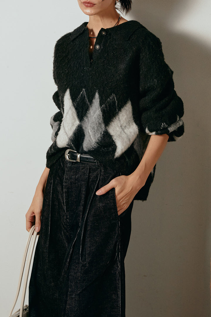 [SET]アーガイル柄ポロニットトップス+フロントタック入りコーデュロイパンツ(2set)