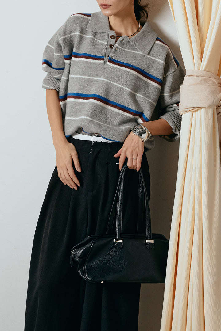 [SET]襟付きマルチボーダーニットポロトップス+ウエストステッチデザインワイドスラックス(2set)