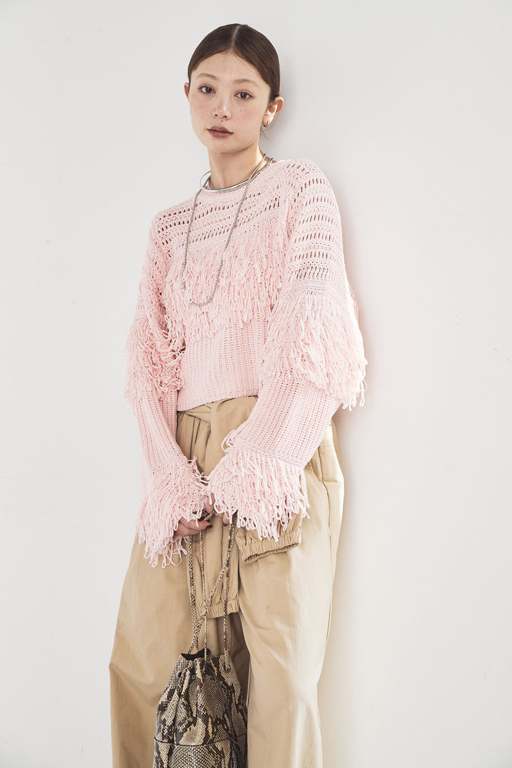 [SET]メッシュフリンジ切り替えプルオーバー+合繊ツイルスタンドウエスト巻きジョガーパンツ(2set)