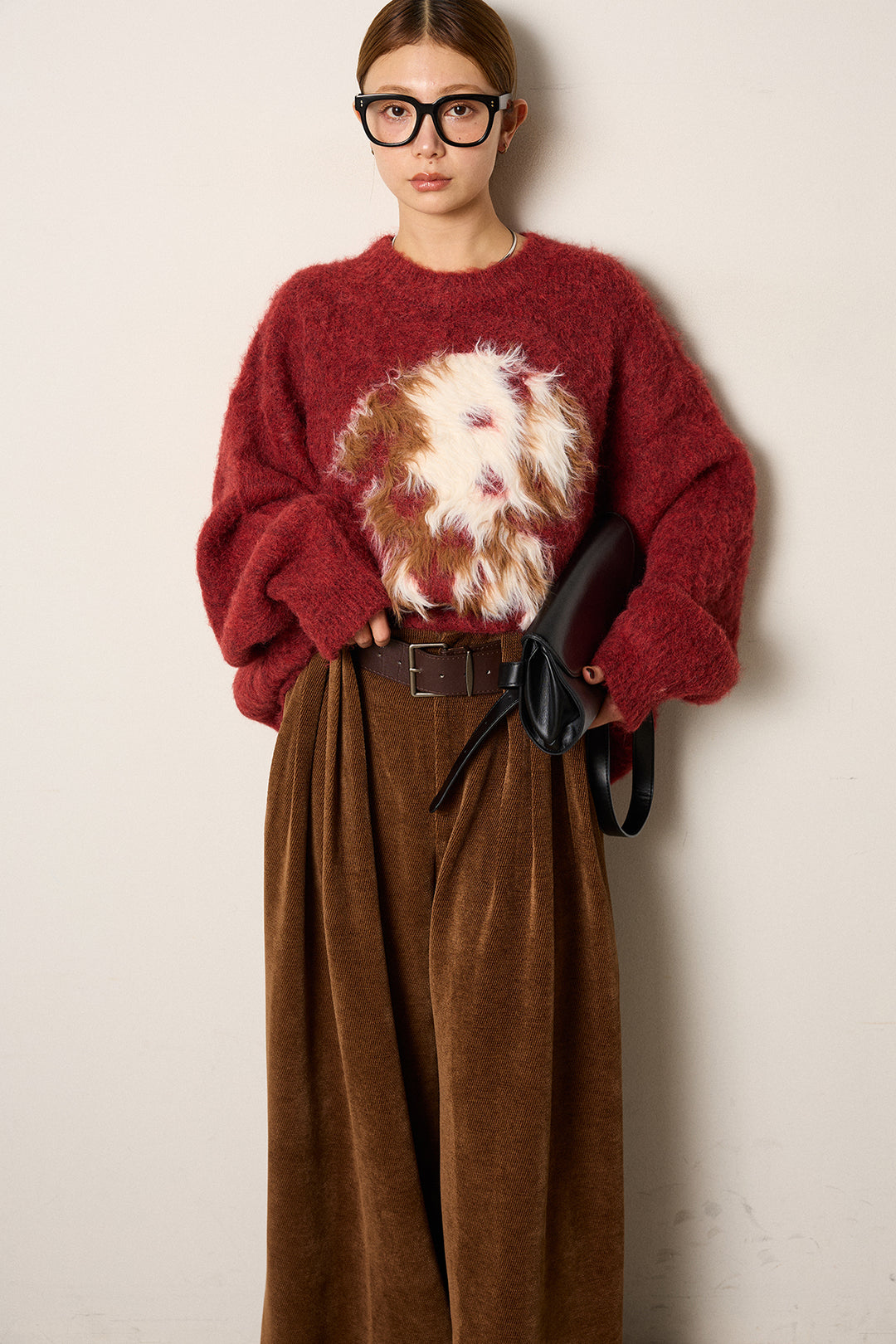 [SET]シャギーニュアンスアニマルニット+ベルトループコーデュロイワイドパンツ(2set)