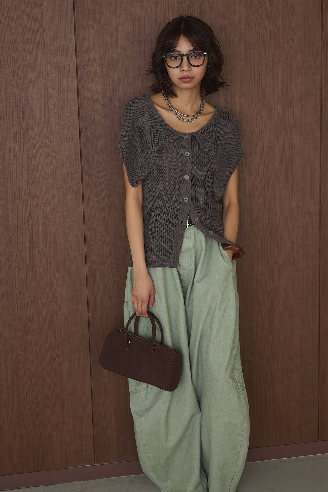 [SET]ビッグカラーボタンニットトップス+ベルト付きカラーデニムパンツ(2set)