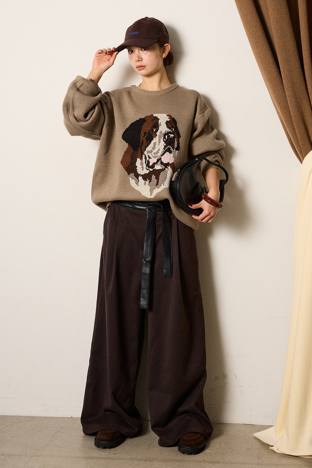 [SET]アニマルジャガード柄ニットトップス+巻ベルトウエストレザーライクワイドパンツ(2set)