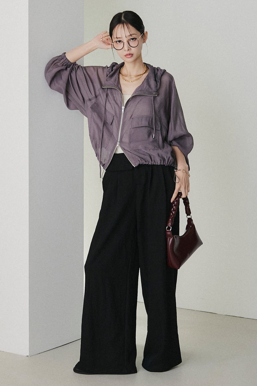 [SET]裾ドロストシアーWジップフーディーブルゾン+ウエスト折り返しワイドパンツ(2set)