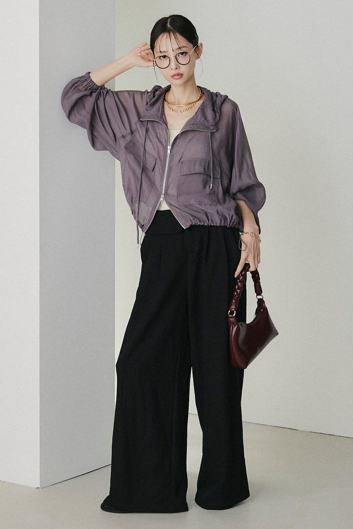 [SET]裾ドロストシアーWジップフーディーブルゾン+ウエスト折り返しワイドパンツ(2set)