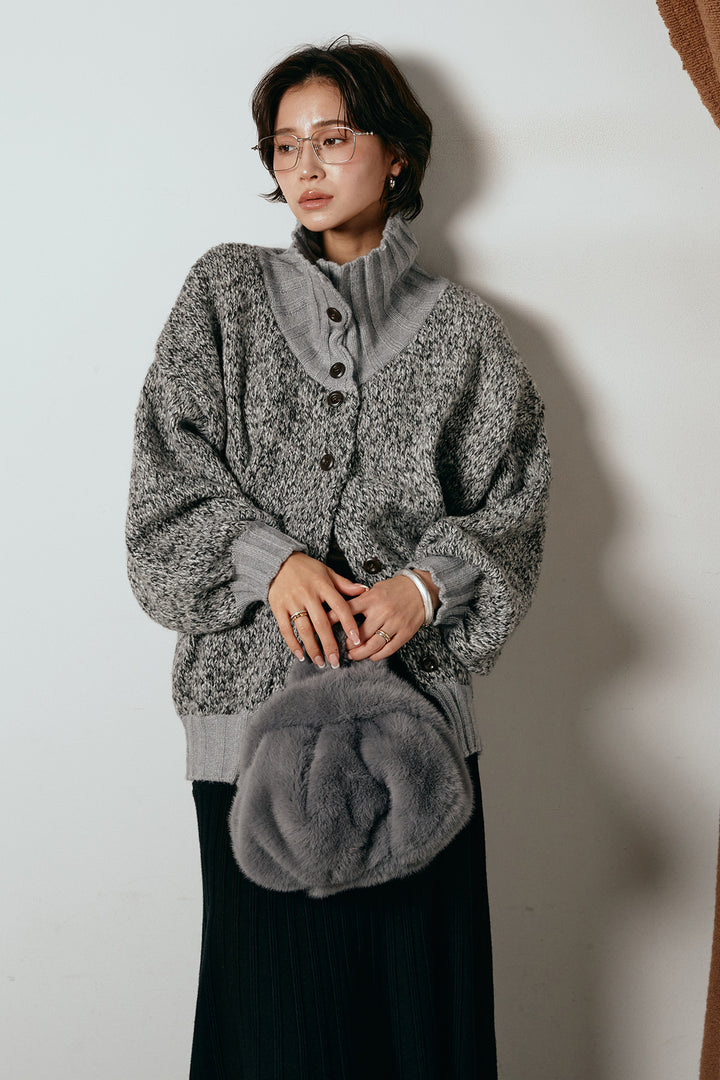 [SET]ハイネックミックスニットカーディガン+編み地切り替えフレアニットスカート(2set)