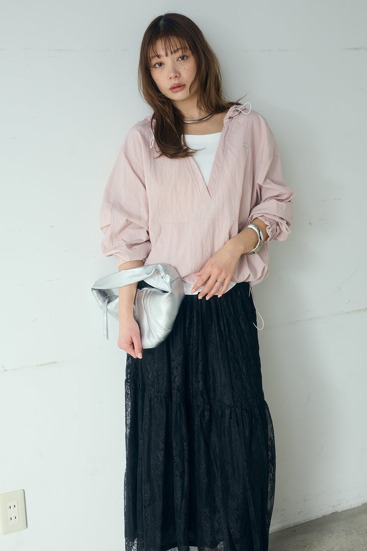 [SET]レイヤードデザインフーディートップス+ひげレース切替ロング丈スカート(2set)