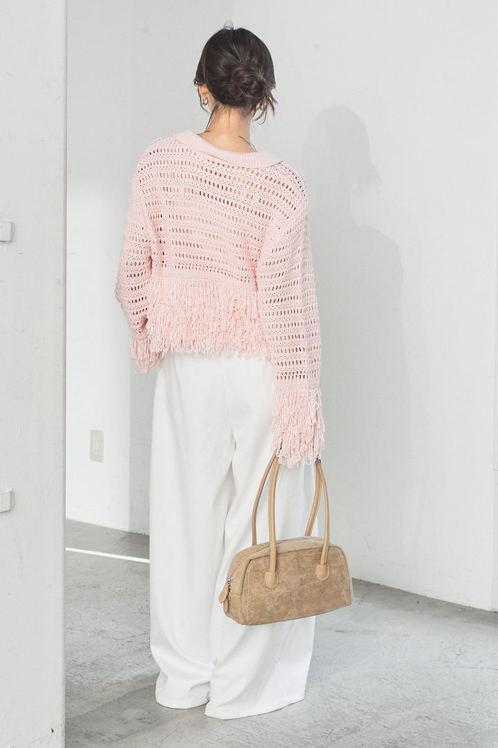 [SET]メッシュフリンジカーディガン+編みベルト付きウエストタックワイドパンツ(2set)