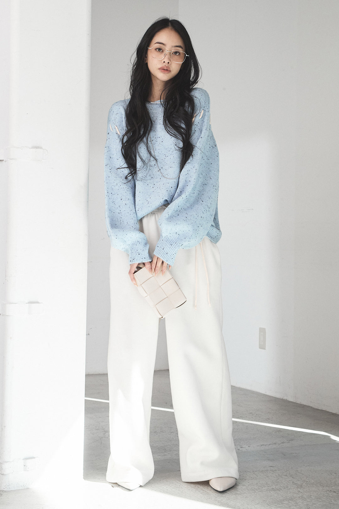 [SET]ネップ編み上げニットトップス+裏起毛スウェットワイドパンツ(2set)