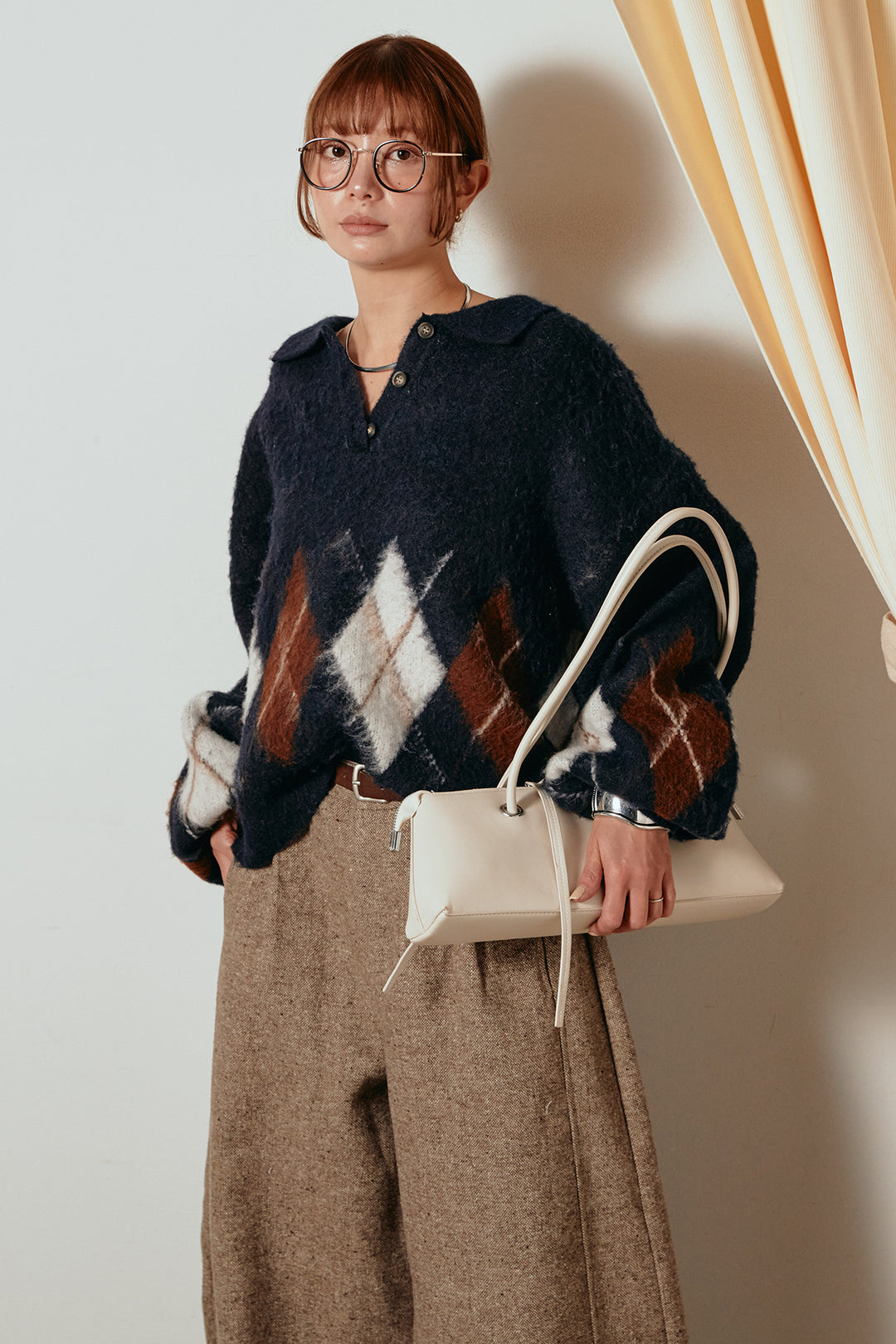 [SET]アーガイル柄ポロニットトップス+ベルト付きネップツイードカーブパンツ(2set)