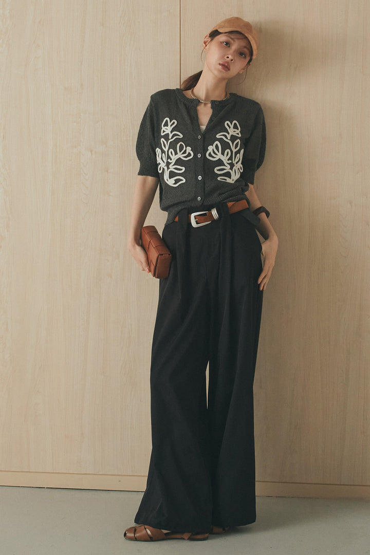 [SET]フロントテープデザイン半袖カーディガン+ベルトループデザインハイウエストタックパンツ(2set)