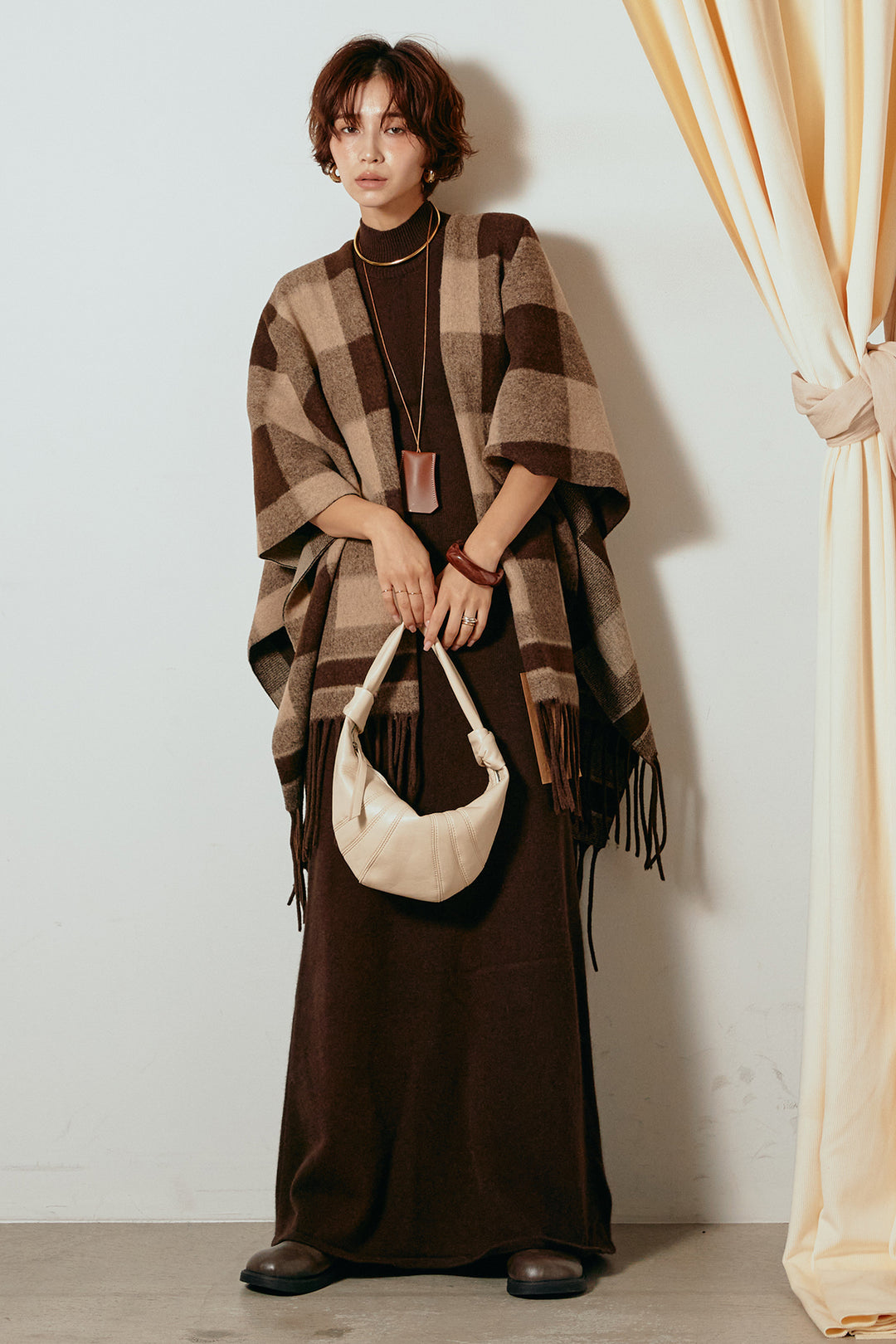 [SET]裾フリンジ柄ポンチョアウター+ノースリーブニットロングワンピース(2set)