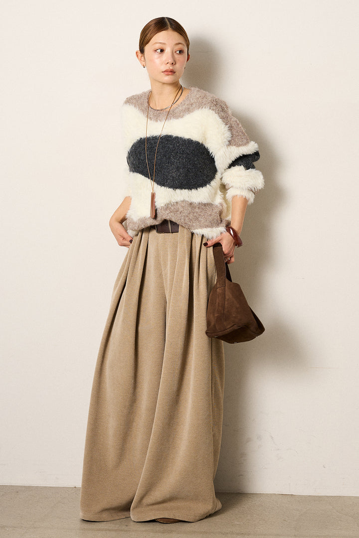 [SET]シャギーウェーブ柄クルーネックニットトップス+ベルトループコーデュロイワイドパンツ(2set)