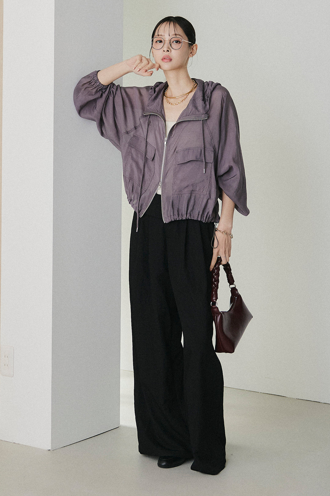 [SET]裾ドロストシアーWジップフーディーブルゾン+ウエスト折り返しワイドパンツ(2set)