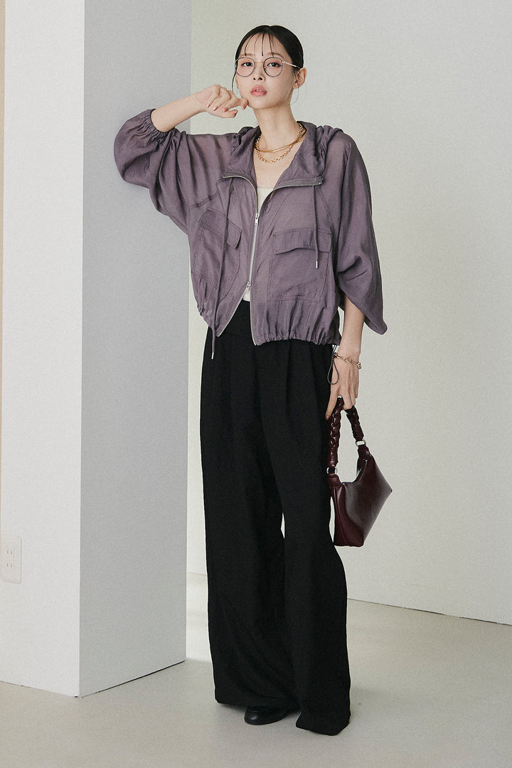 [SET]裾ドロストシアーWジップフーディーブルゾン+ウエスト折り返しワイドパンツ(2set)