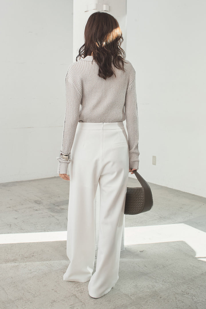 [SET]衿付きニットプルオーバー+サイドベルトタック入りスラックス(2set)