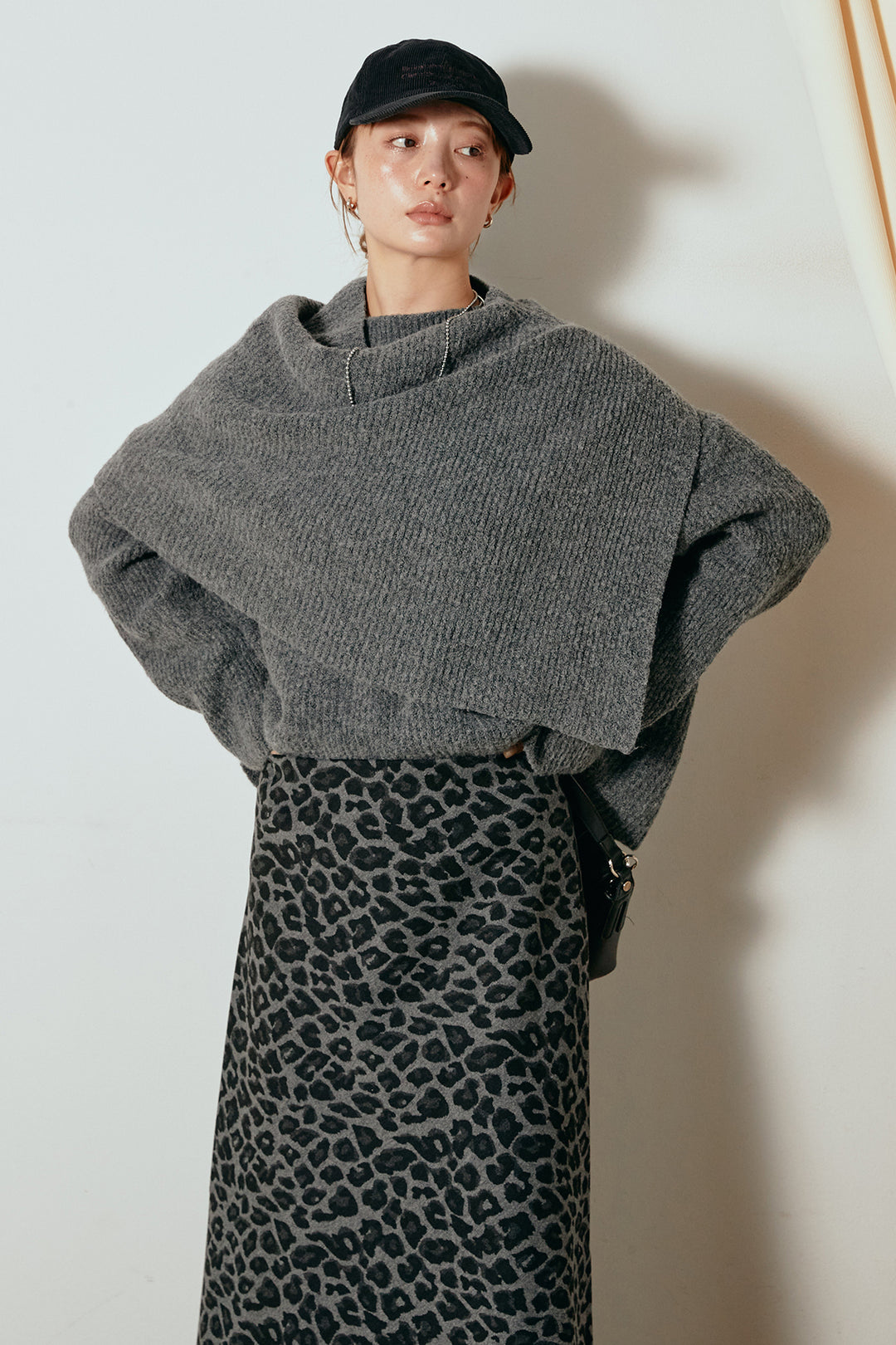 [SET]ケープデザインリブニットトップス+レオパードロングスカート(2set)