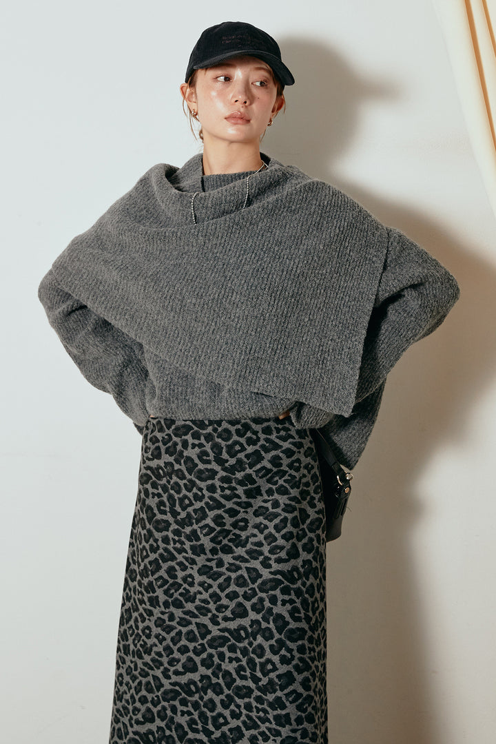 [SET]ケープデザインリブニットトップス+レオパードロングスカート(2set)