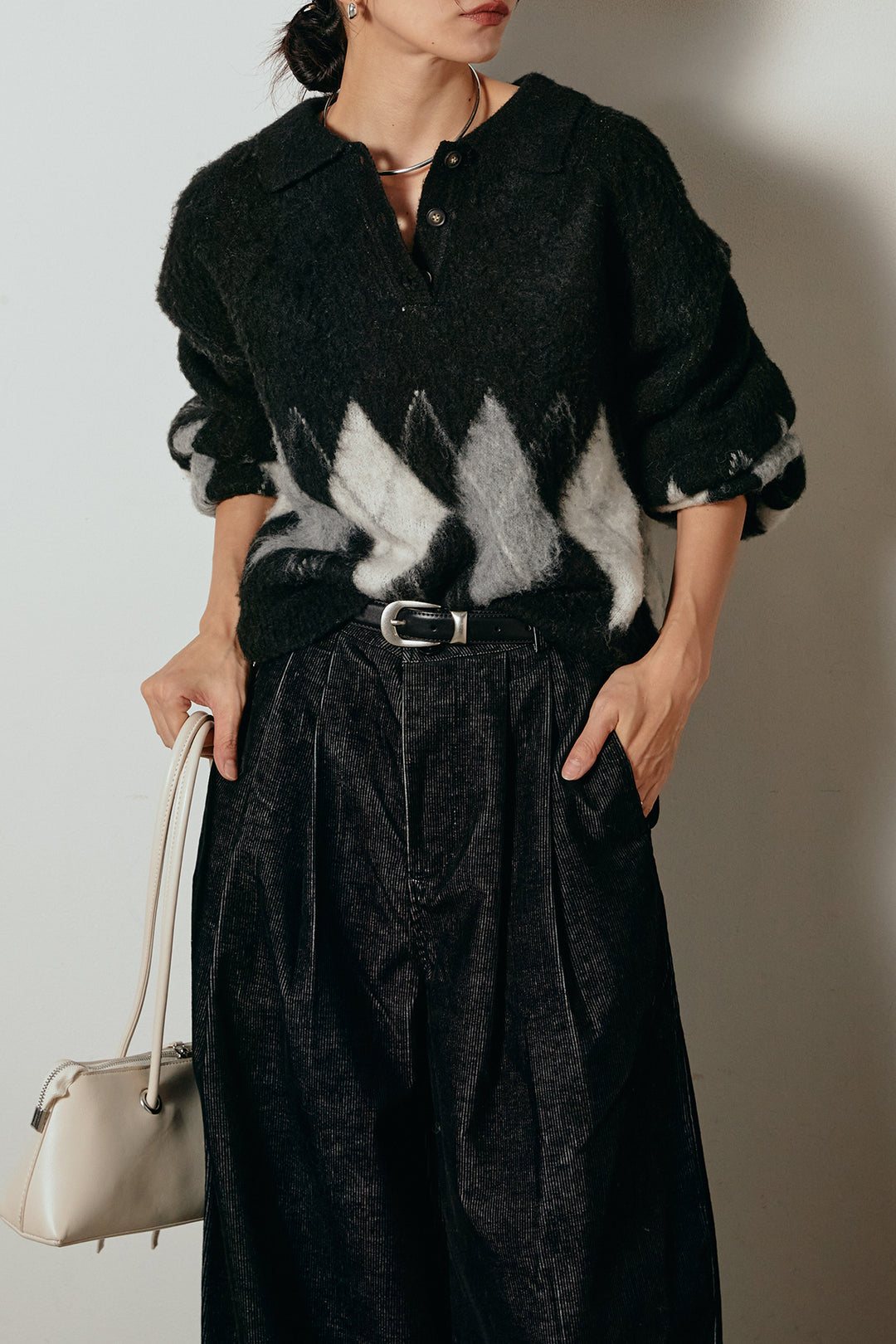 [SET]アーガイル柄ポロニットトップス+フロントタック入りコーデュロイパンツ(2set)