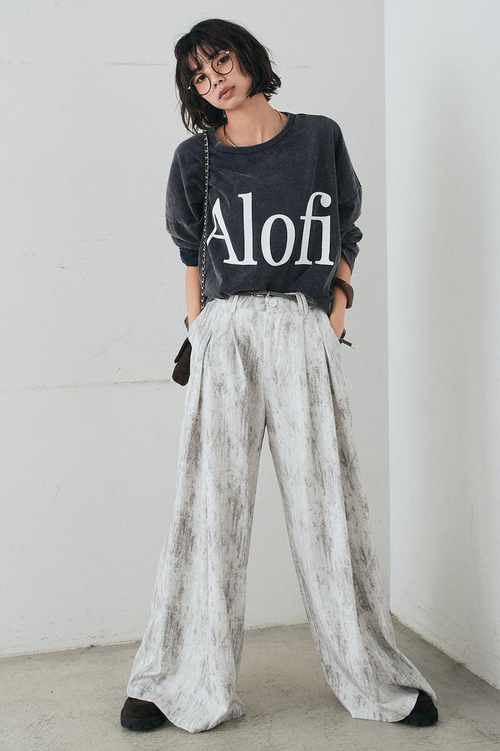 [SET]裾センタードロストロゴプリントワイドTシャツ+紐ベルト付きかすれ柄ワイドスラックス(2set)