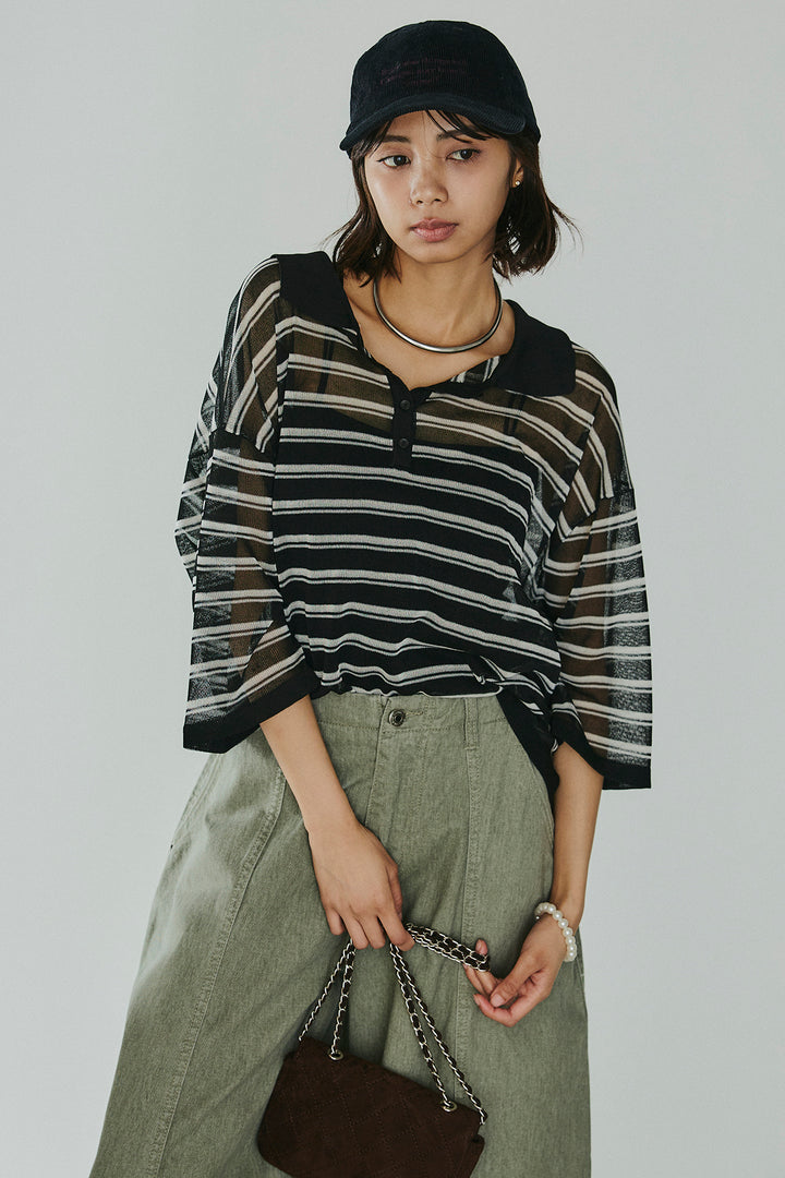 [SET]ボーダーニットポロシャツ+サイドベルトカーブワイドパンツ(2set)