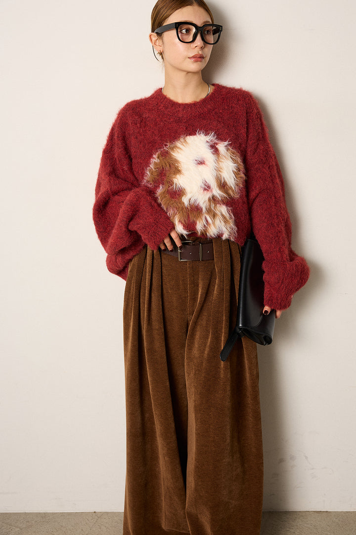 [SET]シャギーニュアンスアニマルニット+ベルトループコーデュロイワイドパンツ(2set)