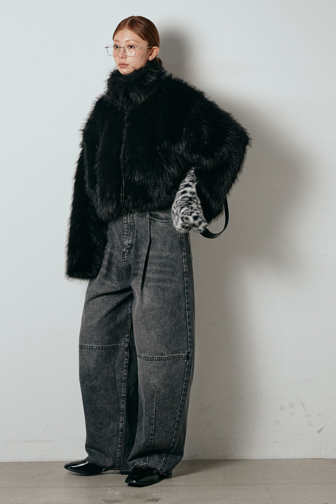 [SET]エコファーショート丈ブルゾン+加工デニムタックコクーンワイドパンツ(2set)