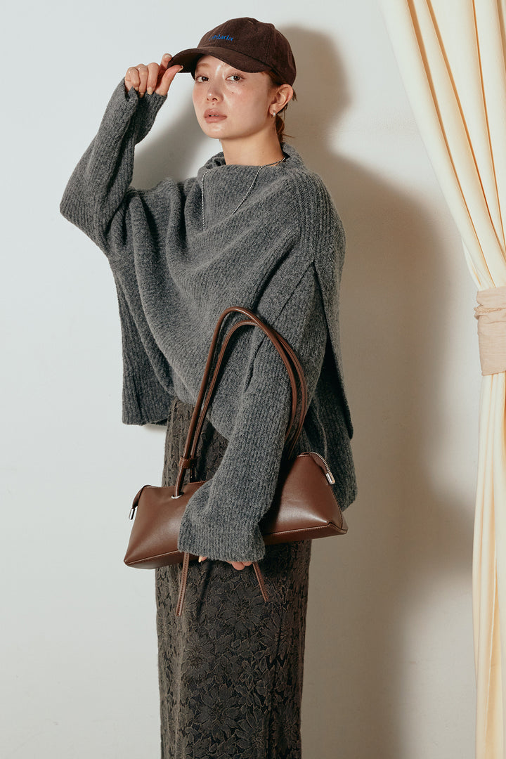 [SET]ケープデザインリブニットトップス+花柄刺繍ベロアフレアスカート(2set)