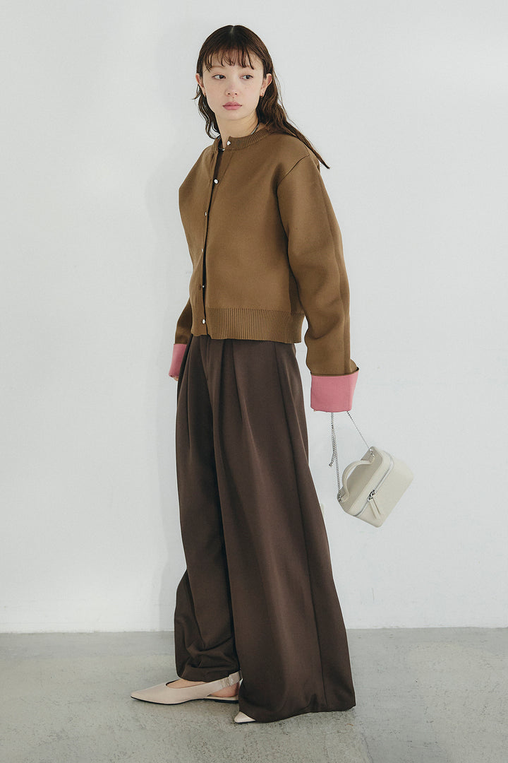 [SET]リバーシブル配色ニットカーディガン+ベルト付きツータックワイドパンツ(2set)