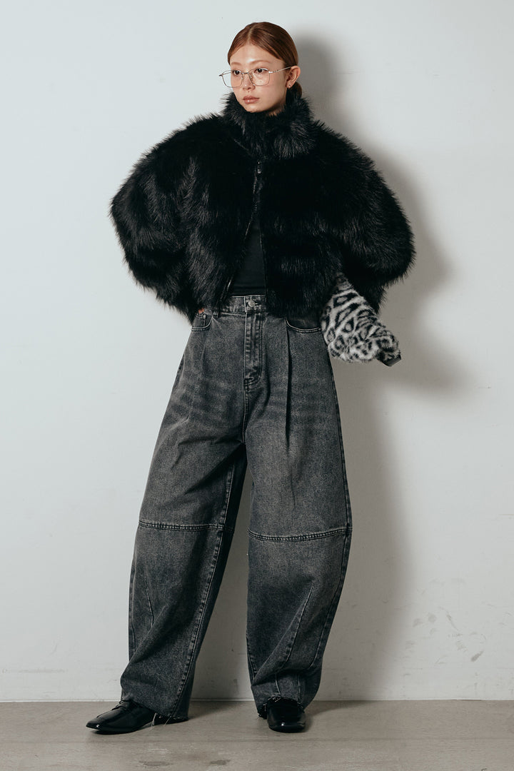 [SET]エコファーショート丈ブルゾン+加工デニムタックコクーンワイドパンツ(2set)