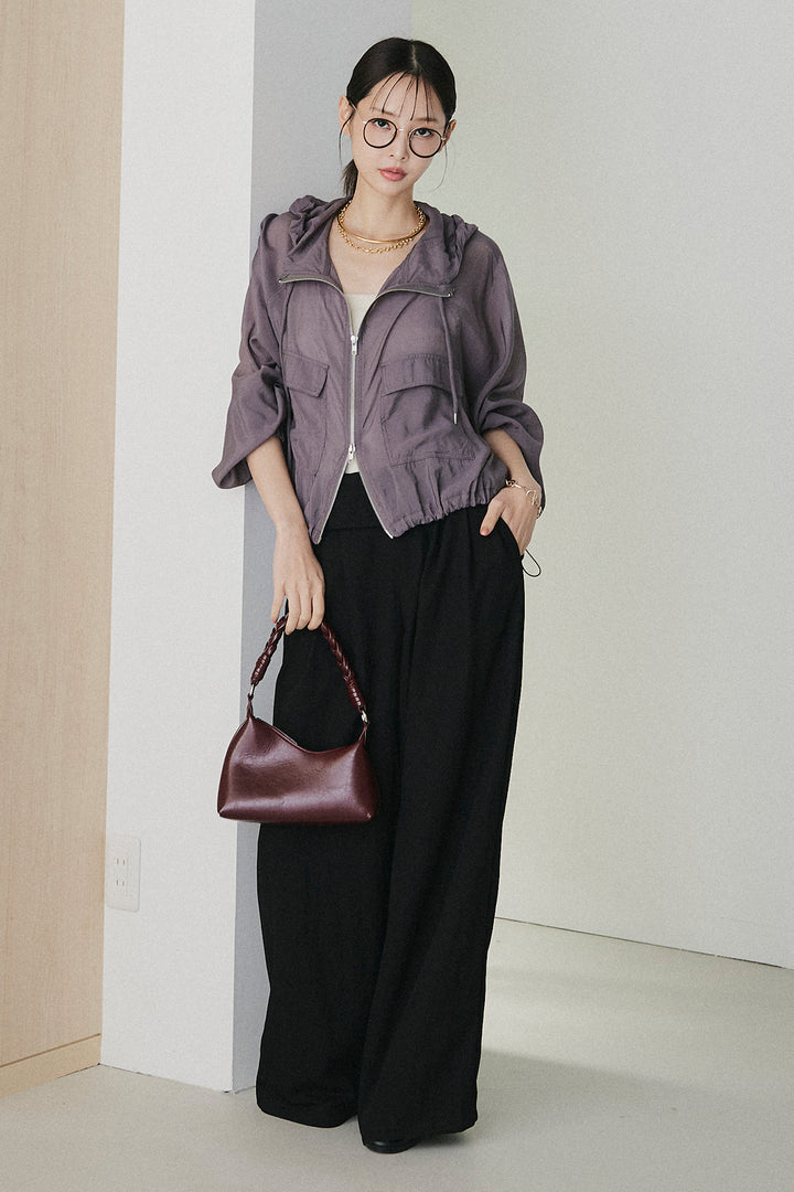 [SET]裾ドロストシアーWジップフーディーブルゾン+ウエスト折り返しワイドパンツ(2set)