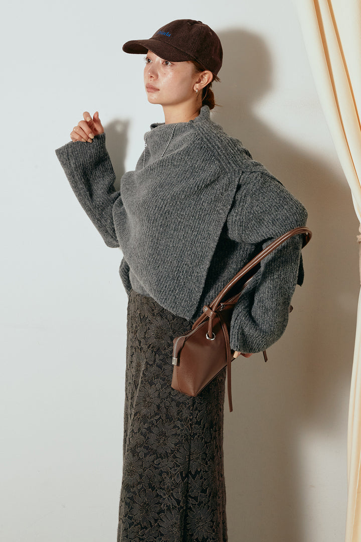 [SET]ケープデザインリブニットトップス+花柄刺繍ベロアフレアスカート(2set)