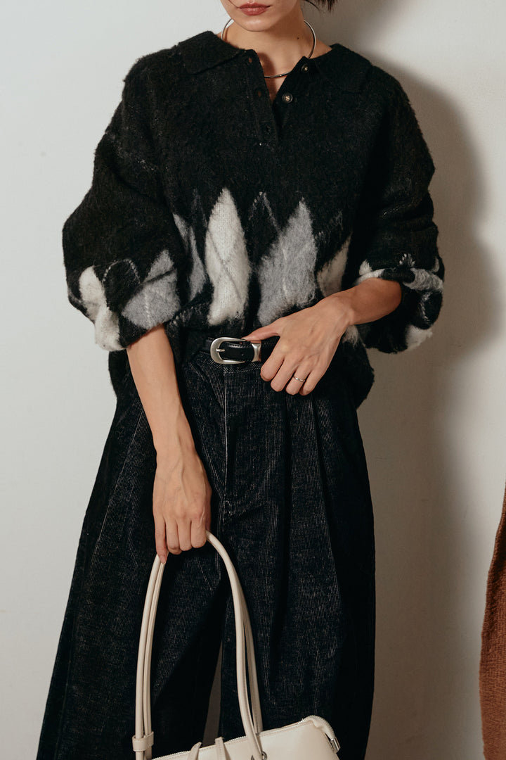 [SET]アーガイル柄ポロニットトップス+フロントタック入りコーデュロイパンツ(2set)