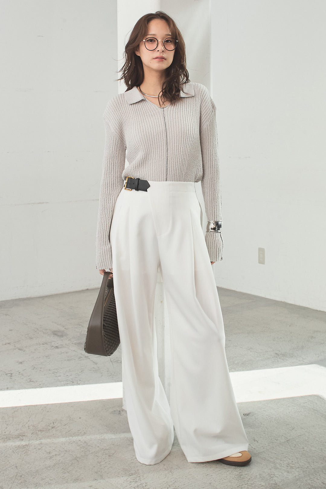 [SET]衿付きニットプルオーバー+サイドベルトタック入りスラックス(2set)