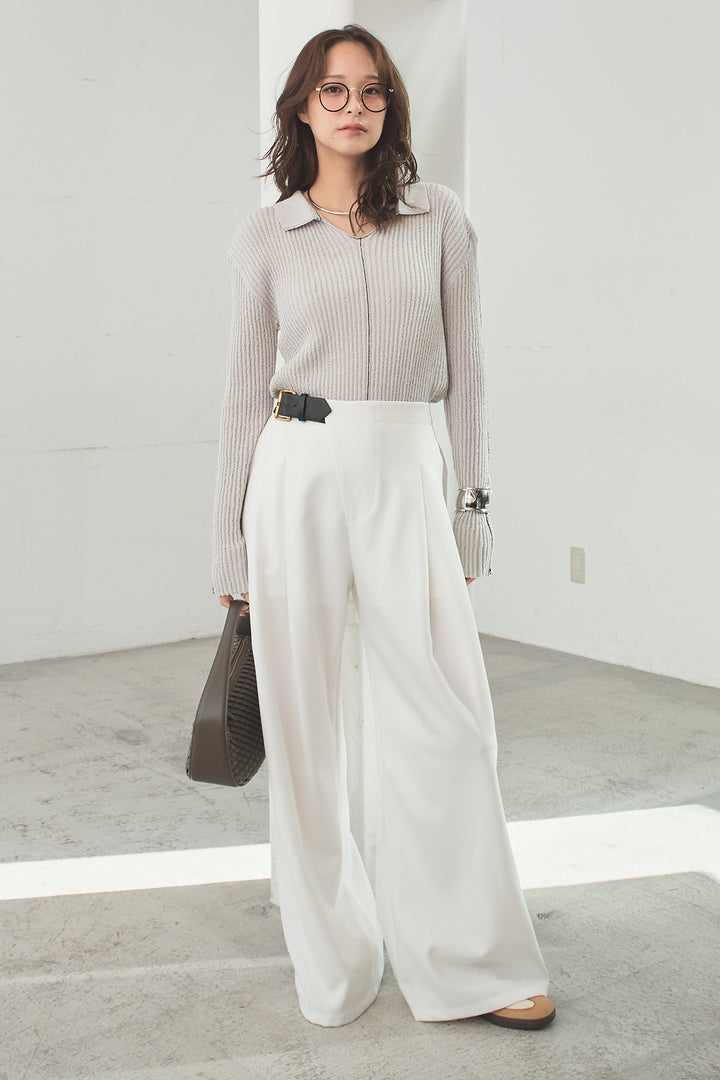 [SET]衿付きニットプルオーバー+サイドベルトタック入りスラックス(2set)