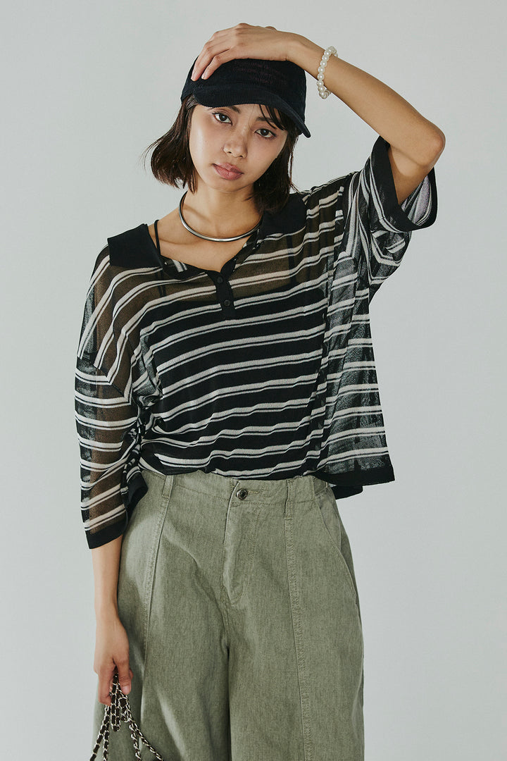 [SET]ボーダーニットポロシャツ+サイドベルトカーブワイドパンツ(2set)