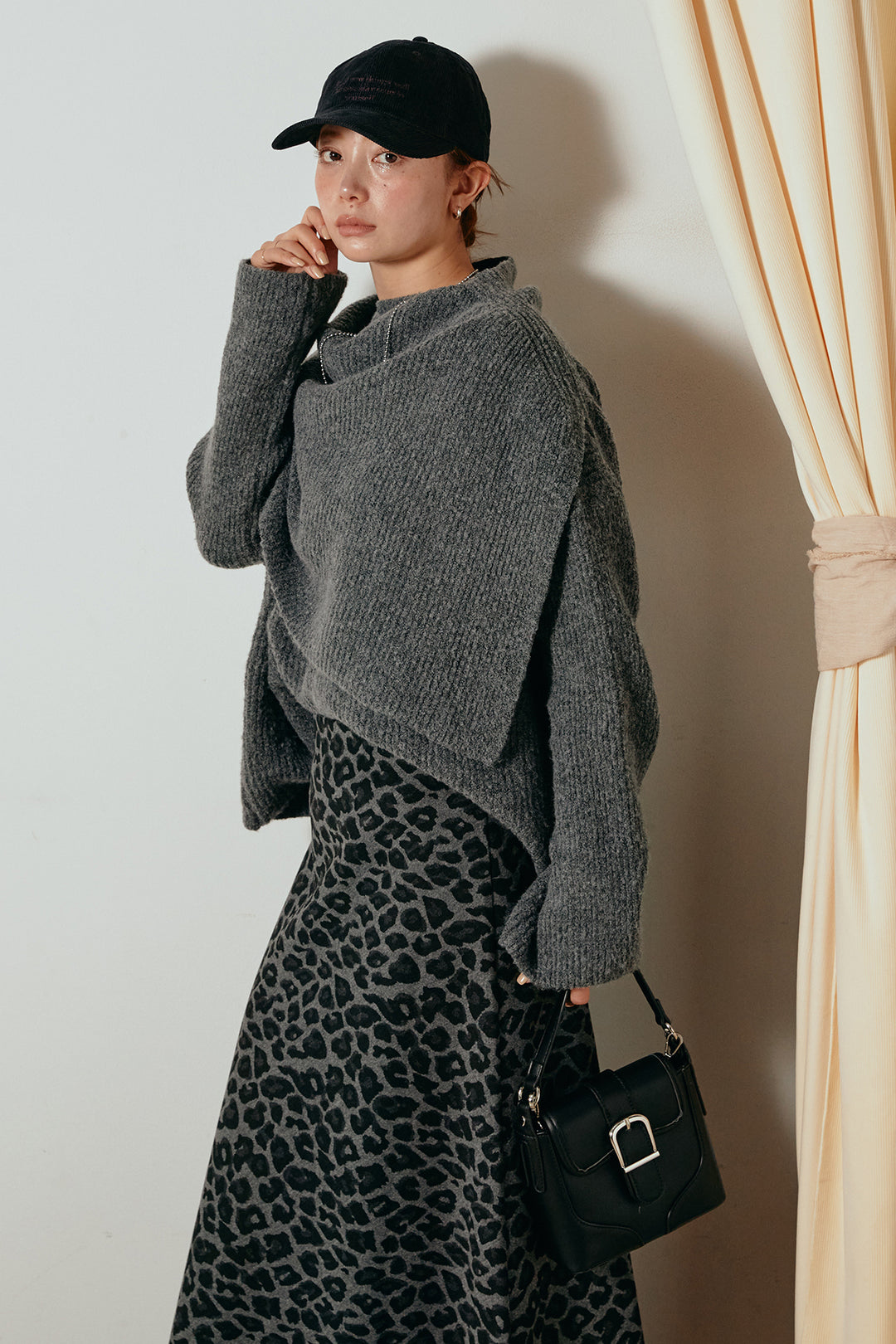 [SET]ケープデザインリブニットトップス+レオパードロングスカート(2set)