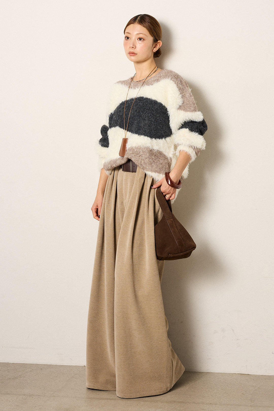 [SET]シャギーウェーブ柄クルーネックニットトップス+ベルトループコーデュロイワイドパンツ(2set)