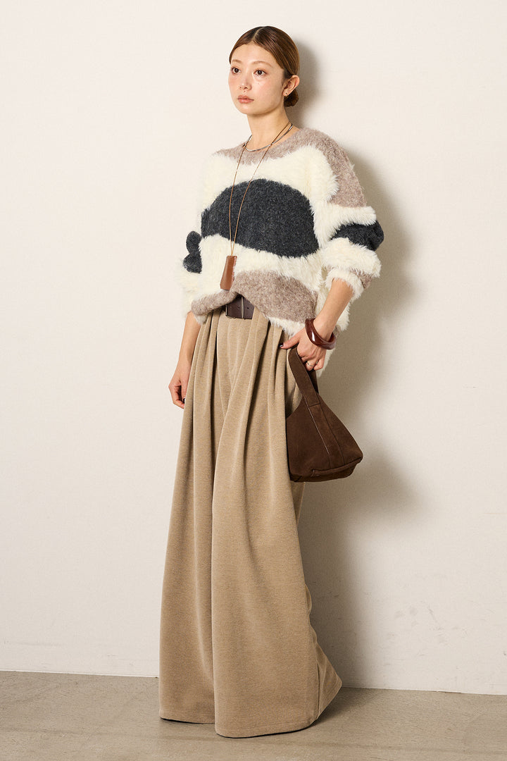 [SET]シャギーウェーブ柄クルーネックニットトップス+ベルトループコーデュロイワイドパンツ(2set)