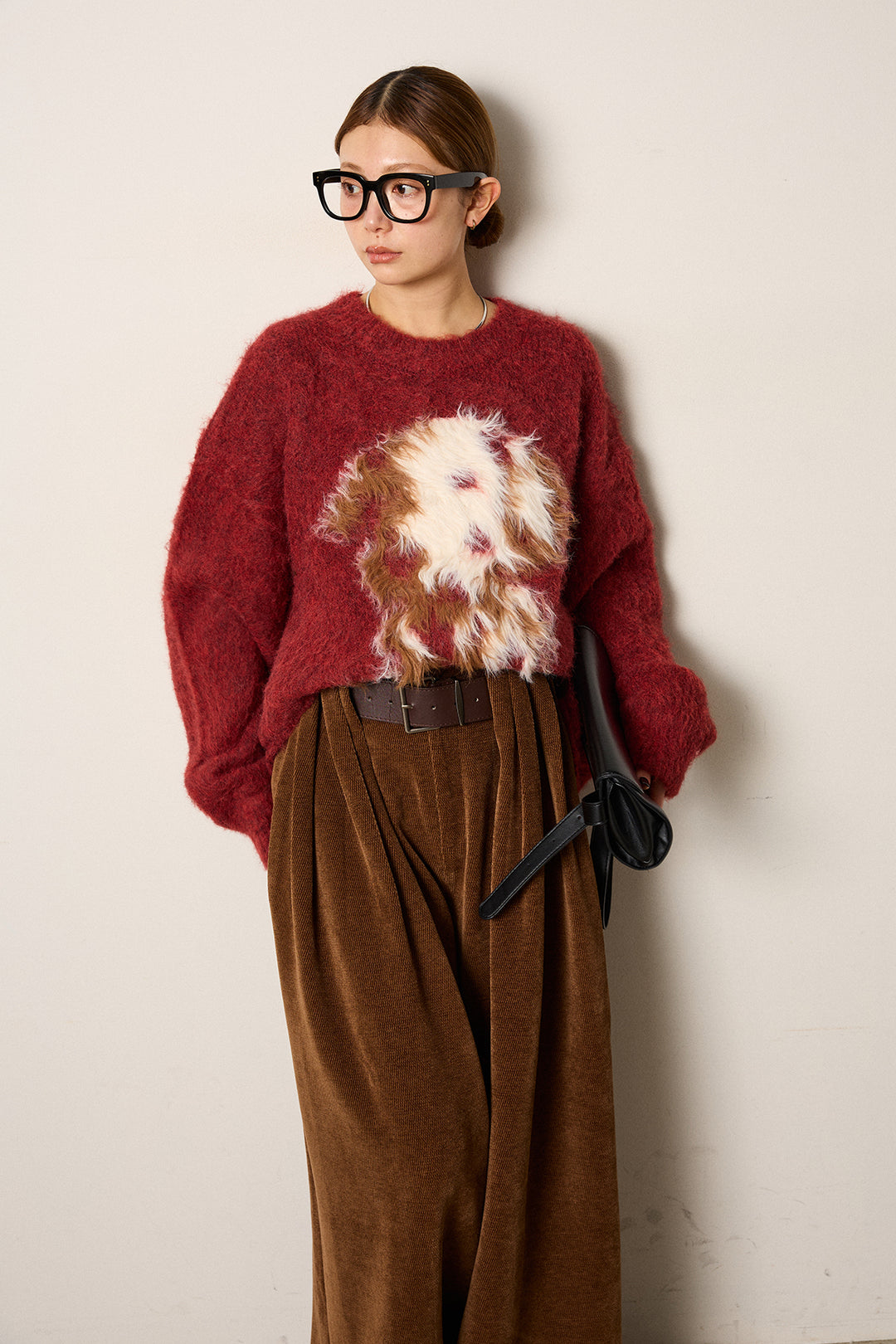 [SET]シャギーニュアンスアニマルニット+ベルトループコーデュロイワイドパンツ(2set)