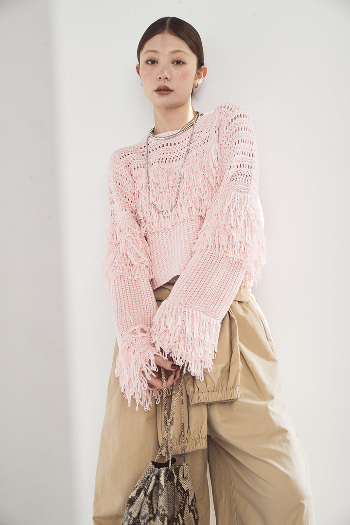 [SET]メッシュフリンジ切り替えプルオーバー+合繊ツイルスタンドウエスト巻きジョガーパンツ(2set)