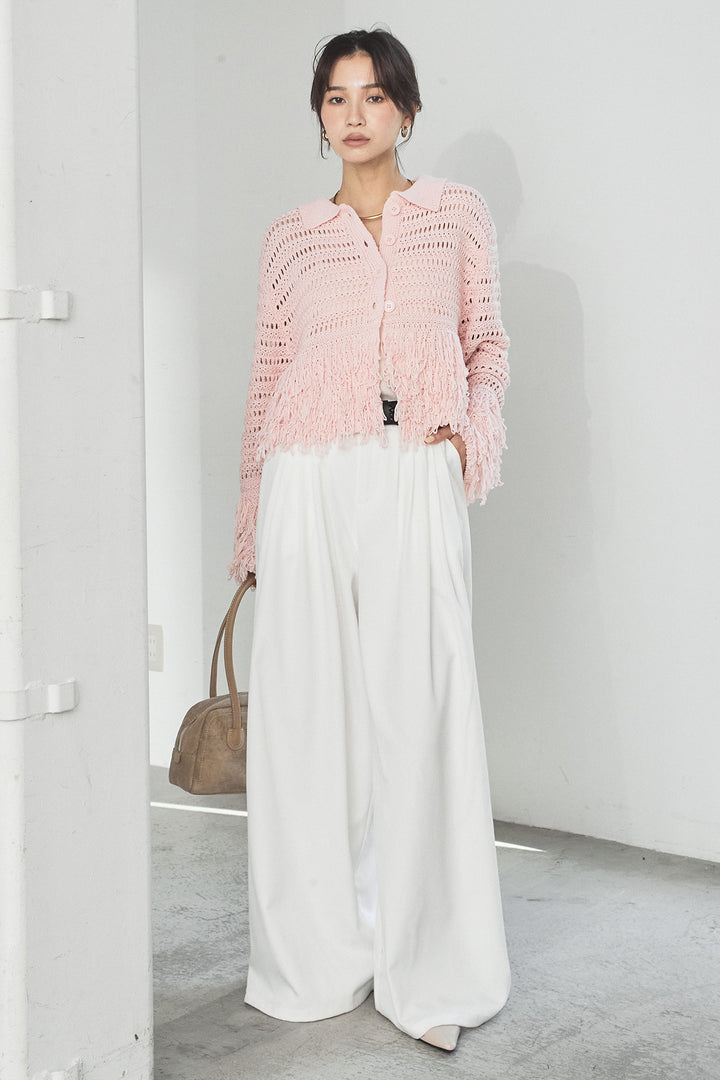 [SET]メッシュフリンジカーディガン+編みベルト付きウエストタックワイドパンツ(2set)