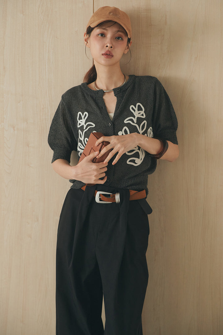 [SET]フロントテープデザイン半袖カーディガン+ベルトループデザインハイウエストタックパンツ(2set)