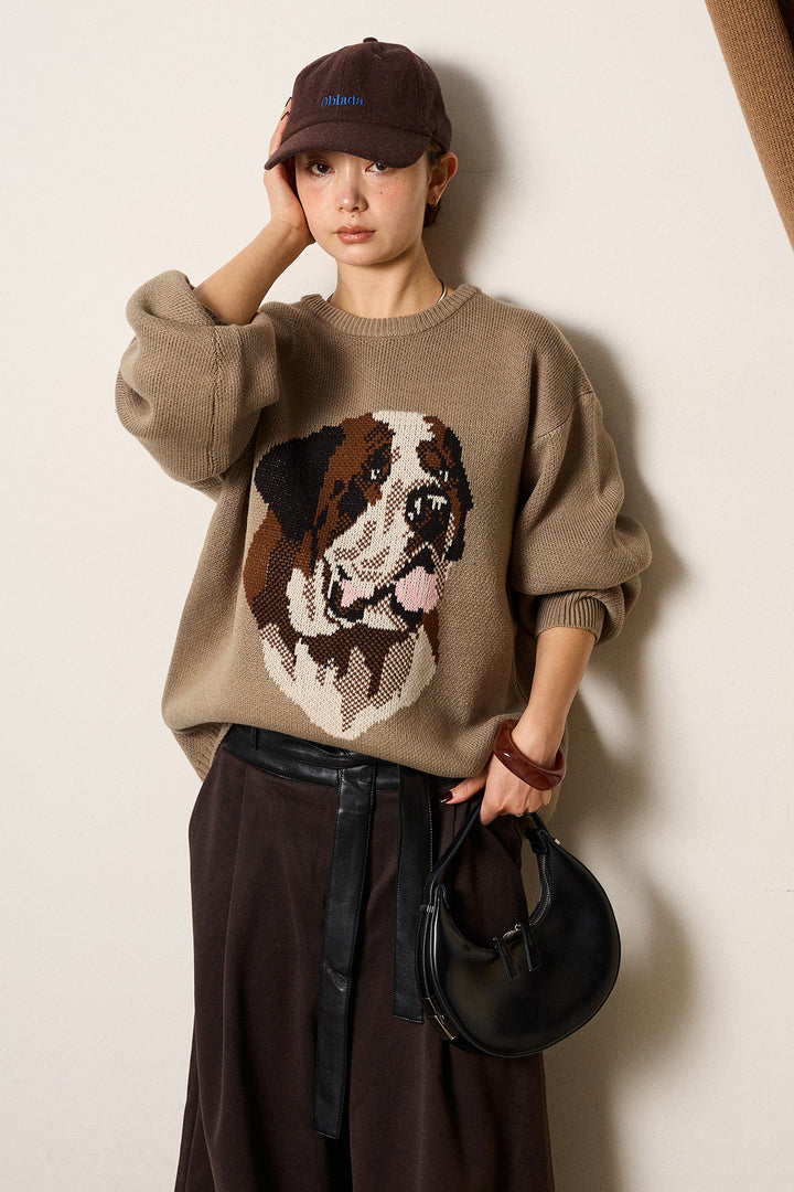 [SET]アニマルジャガード柄ニットトップス+巻ベルトウエストレザーライクワイドパンツ(2set)